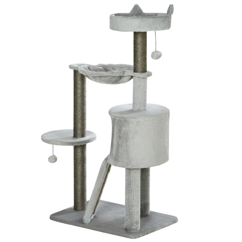 Pawhut zgârietor incl. căsuță pentru pisici, pat pentru pisici, hamac și jucărie 60 cm x 40 cm x 113 cm, Gri deschis