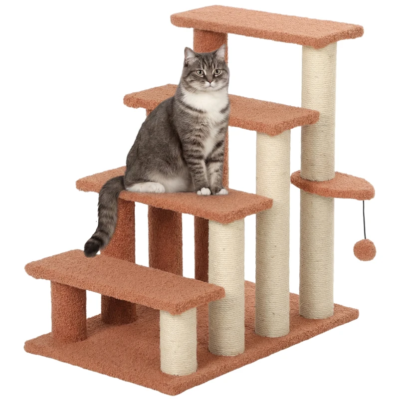PawHut Haustiertreppe, Kratzbaum, 4-stufig, für Tiere bis 5 kg, 60x40x64cm, Braun