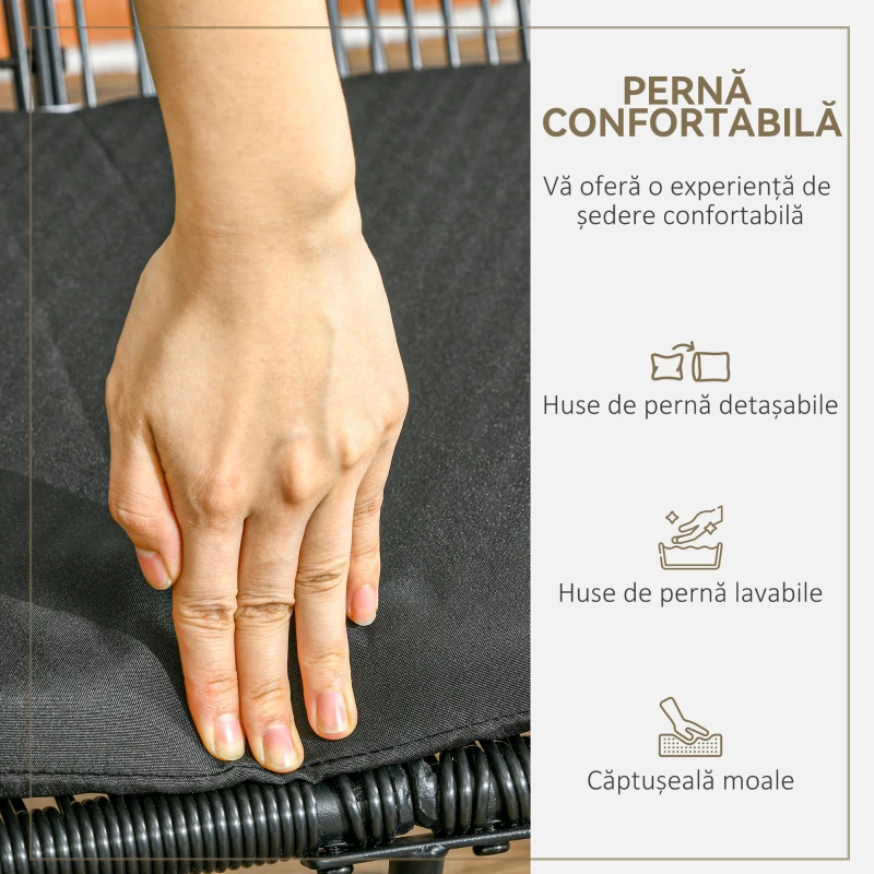 Outsunny Bancă Acapulco cu Brațe, Perne și Cadru din Oțel, Greutate Maximă 260 kg pentru Balcon, Terasă, Grădină 132x72x83 cm Negru
