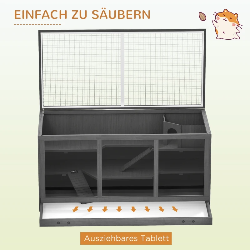 PawHut Zwerghamsterkäfig, Nagerkäfig, Kleintierbox, abschließbar, Holz, pflegeleicht, Grau