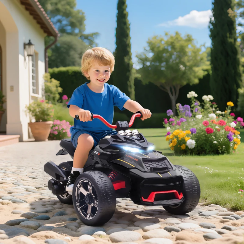 AIYAPLAY Quad electric copii mașină electrică pentru copii 12V 3 roți 2 motoare player MP3, claxon, 2 viteze 3-5 km/h negru