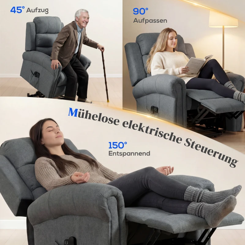 HOMCOM Massagesessel mit Aufstehhilfe, Relaxsessel, Vibrationsköpfe, mit Neigefunktion, Leinenoptik, Grau