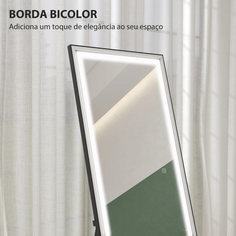 HOMCOM Espelho de Pé  com Luzes 165x60 cm 3 Temperaturas de Cor Brilho Ajustável Independente ou de Parede Branco e Preto