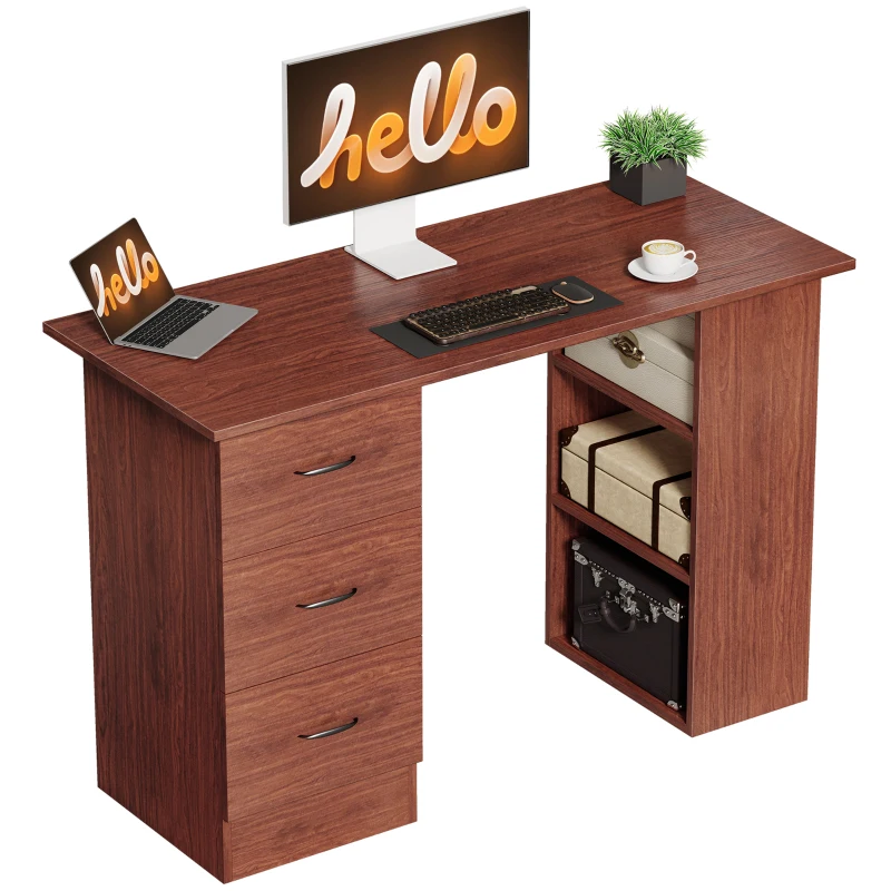 HOMCOM Computer Desk, Writing Table, PC Workstation with 3 Storage Shelves and Drawers, Handle, for Home Office, Walnut Brown