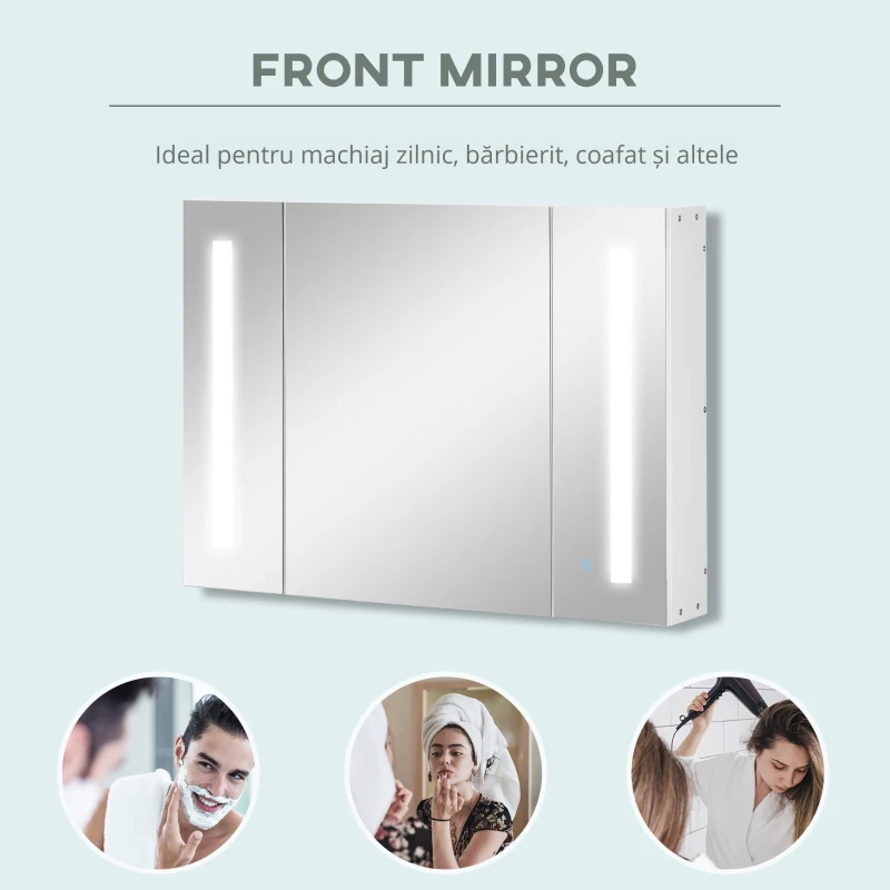 Kleankin Dulap Baie LED – Oglinda, 3 Usi & Rafturi Reglabile