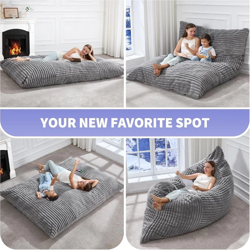 3-In-1 Convertible Bean Bag Chair with Corduroy Fabric, Memory Foam Lounger with Removable, Washable Cover, 185L x 132W cm, Light Gray