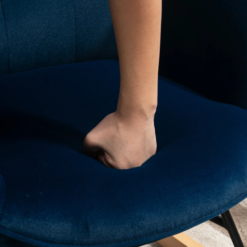 HOMCOM Fotoliu balansoar, rocking chair, fotoliu pentru alăptare confortabil cu structură din lemn masiv și metal pentru Living, Dormitor, Balcon, Catifea albastră