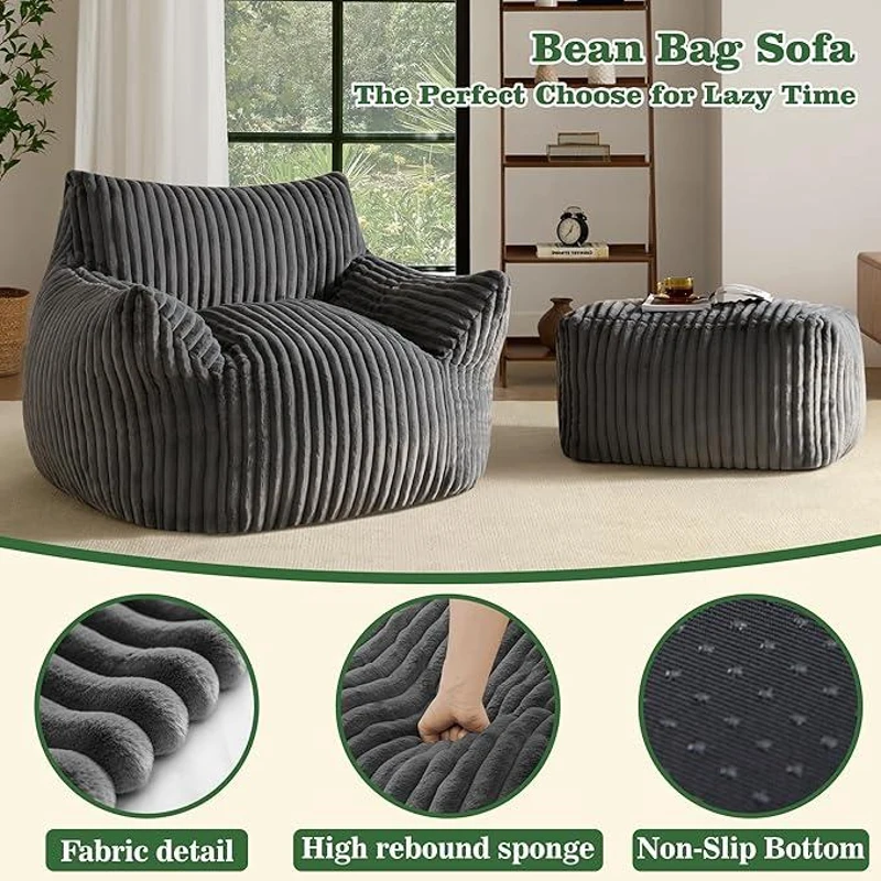Ultra-Soft Bean Bag Chair with Footrest and High-Density Shredded Foam, Ergonomic Sofa with Breathable Fabric, 117L x 98W x 75H cm, Black