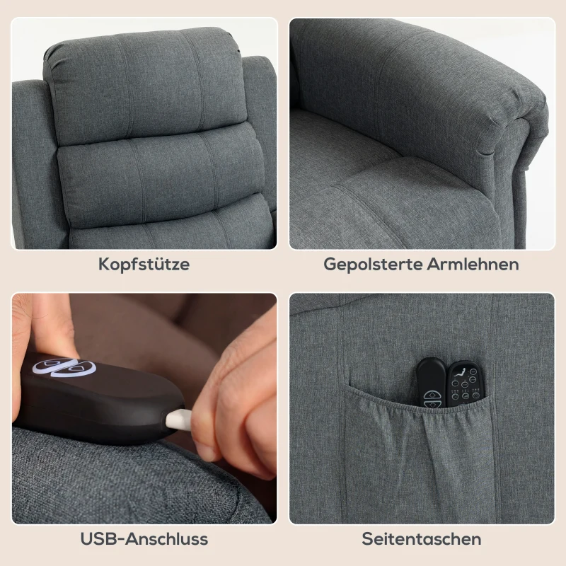 HOMCOM Massagesessel mit Aufstehhilfe, Relaxsessel, Vibrationsköpfe, mit Neigefunktion, Leinenoptik, Grau