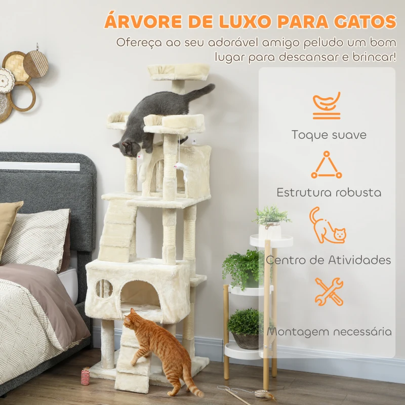 PawHut Arranhador para Gatos Arranhador de Gatos 153 cm com 2 Cavernas 3 Camas 2 Rampas Postes de Sisal e 2 Ratos Pendentes Bege