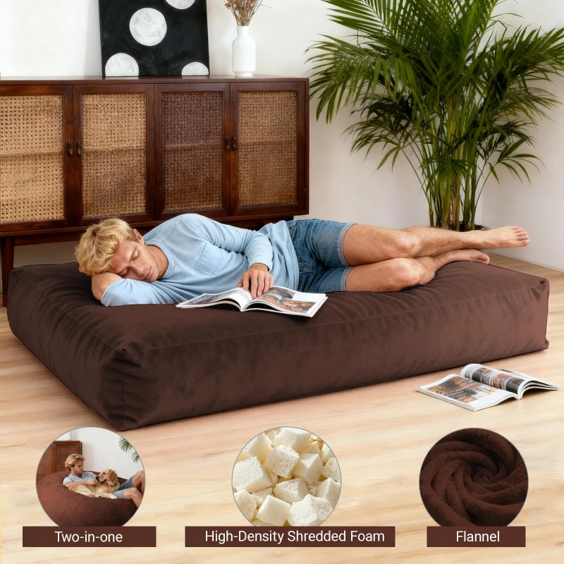 2-In-1 Convertible Bean Bag Chair Bed with Removable Machine-Washable Cover, Giant sofa with Soft Liner, 110L x 110W x 70H cm, Brown