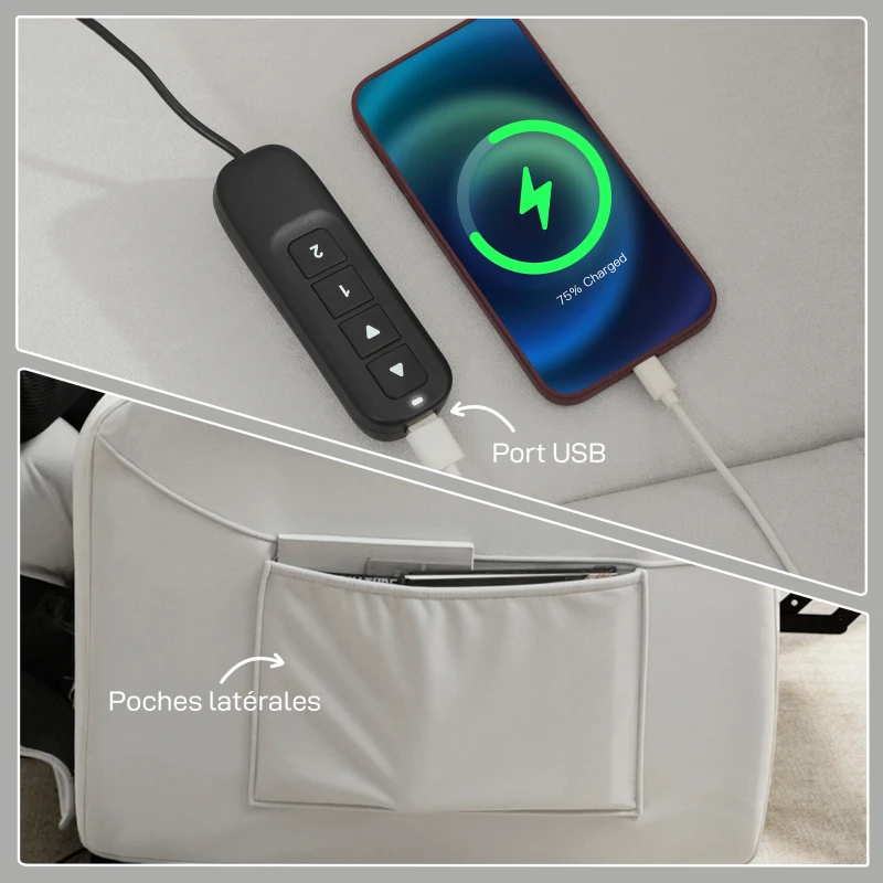 HOMCOM Fotoliu relax electric fotoliu reclinabil port USB suport picioare buzunare laterale telecomandă 96x90x103cm crem