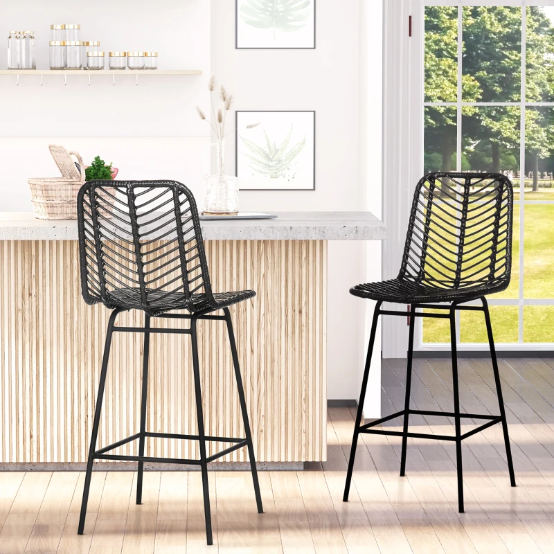 HOMCOM Set de 2 taburete de bar design boem înălțime 66 cm cu suport picioare metalic și ratan PE - negru