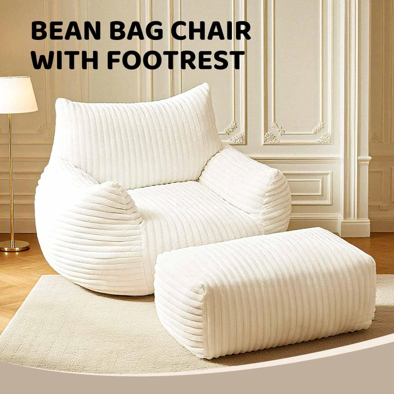 Soft Bean Bag Chair with Footrest and High-Density Shredded Foam, Modular Ergonomic Sofa with Breathable Fabric, 117L x 98W x 75H cm, White
