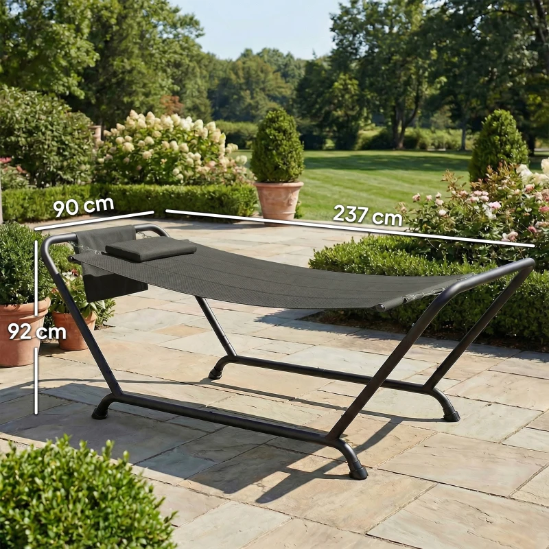 Outsunny Hamak z Ramą 237 x 90 cm Hamak ze Stelażem z Boczną Kieszenią i Poduszką, Metalowa Rama do 150 kg