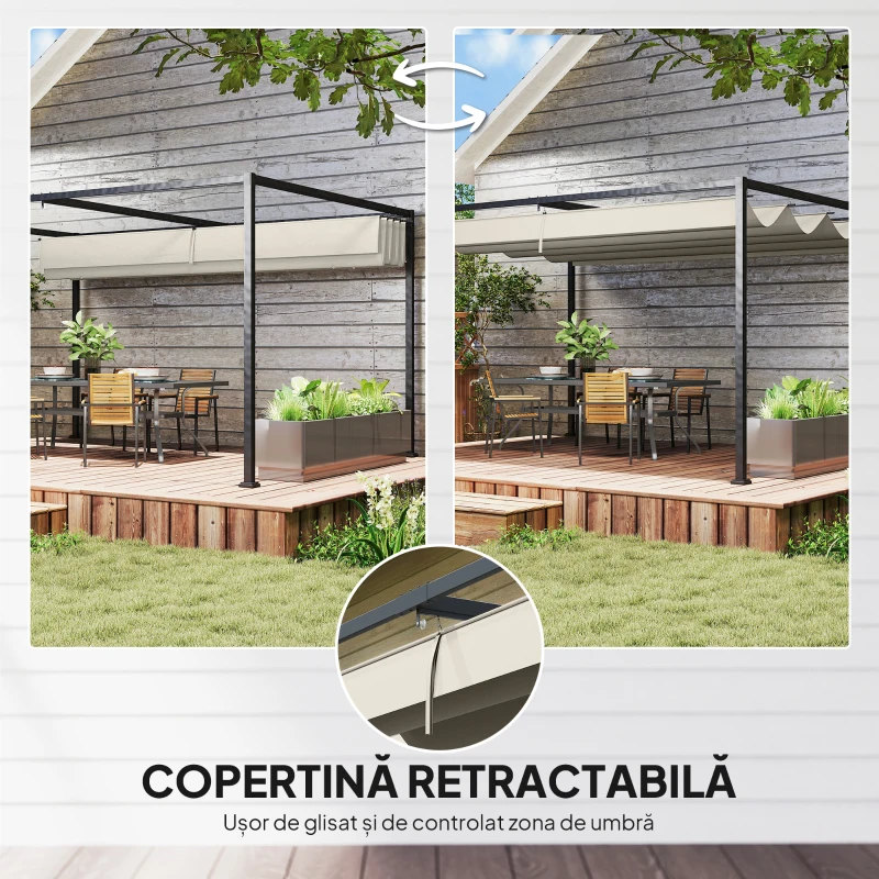 Outsunny Pergolă Gazebo 3x2 m cu Acoperiș Retractabil, Orificii de Drenaj, Țăruși și Șuruburi, Pergolă din Metal și Poliester pentru Exterior, Crem