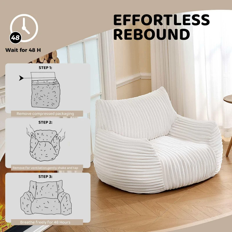 Soft Bean Bag Chair with Footrest and High-Density Shredded Foam, Modular Ergonomic Sofa with Breathable Fabric, 117L x 98W x 75H cm, White