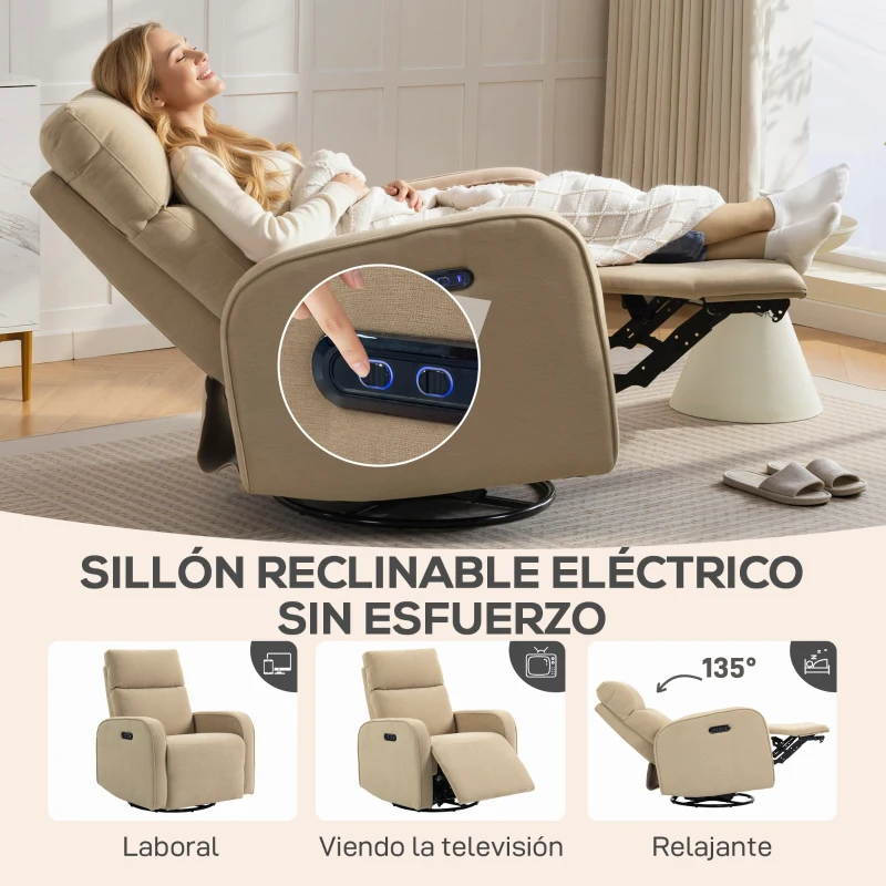 HOMCOM Sillón Relax Reclinable Eléctrico Giratorio y Balancín con Doble Motor Reposacabezas Ajustable Puertos USB Reposapiés