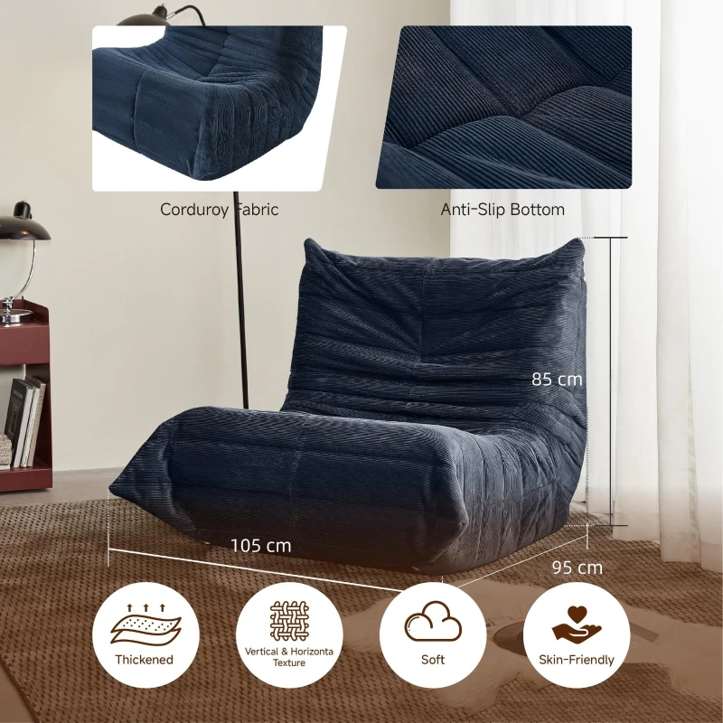 Cosy Corduroy Floor Chair with Neck and Legs Support and Deepened Seat, Sturdy Backrest with Extra-Thick, 105L x 95W x 85H cm, Blue