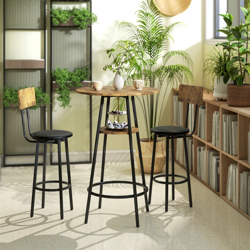 HOMCOM Set de 3 piese pentru masă de bar cu 2 taburete tapițate, tapițerie din piele ecologică, spătar, cadru metalic, maro