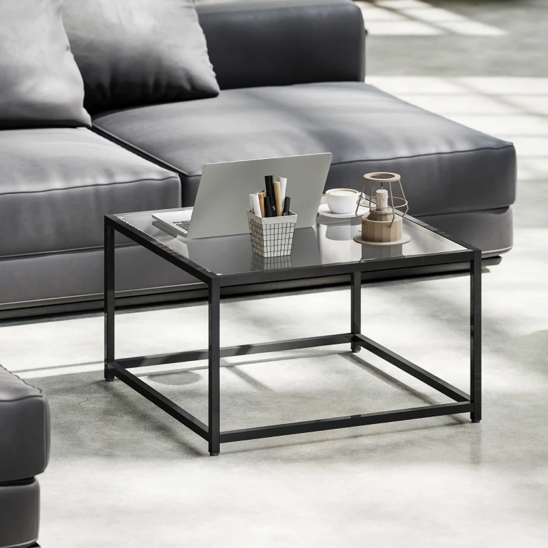 HOMCOM Măsuță pătrată noptieră cu blat din sticlă securizată, masă de cafea cu picioare din oțel 68 x 68 x 39 cm Negru