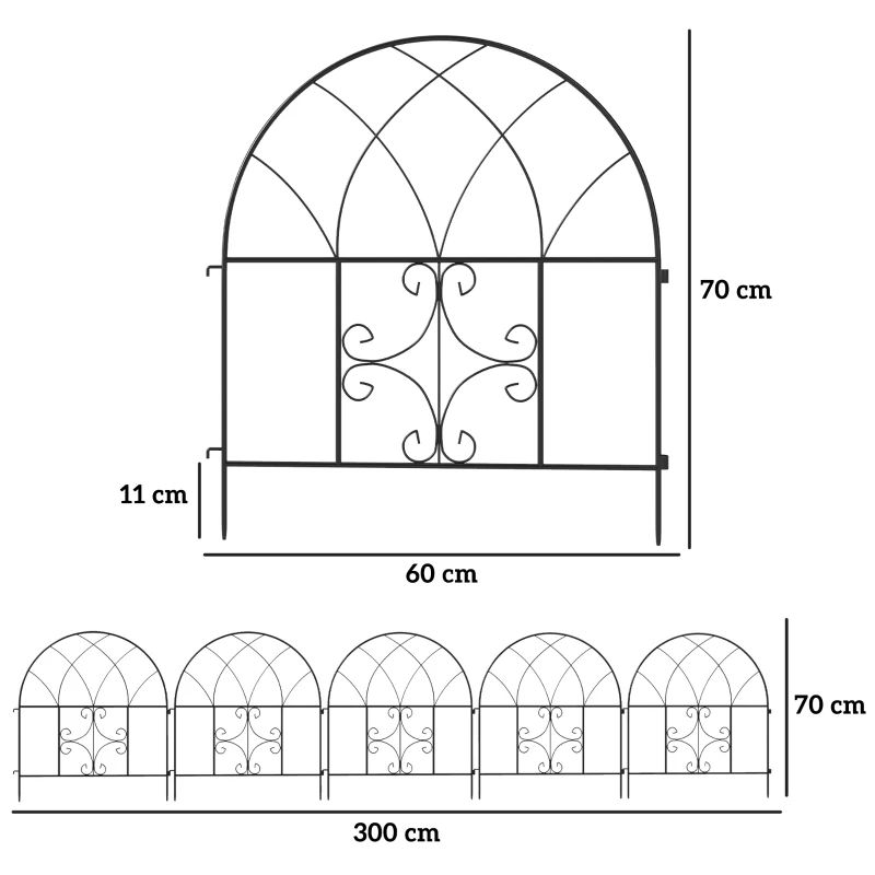 Outsunny Gard de grădină Gard Oțel 300 cm x 70 cm înălțime Gard decorativ din grilaj Set elemente de gard Negru