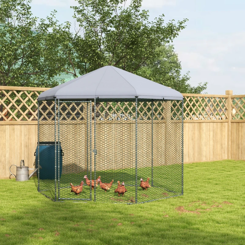 PawHut Țarc pentru găini exterior 5 m² parc cu plasă dim. 2,8L x 2,45l x 2,46H - spațiu acoperit - 5/8 găini