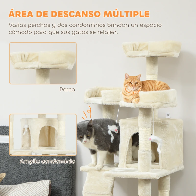 PawHut Árbol Rascador para Gatos Árbol para Gatos 153 cm con 2 Cuevas 3 Camas 2 Rampas Postes de Sisal Ratones Colgantes Crema