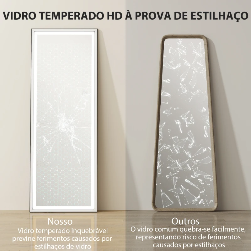 HOMCOM Espelho de Pé  com Luzes 165x60 cm 3 Temperaturas de Cor Brilho Ajustável Independente ou de Parede Branco e Preto