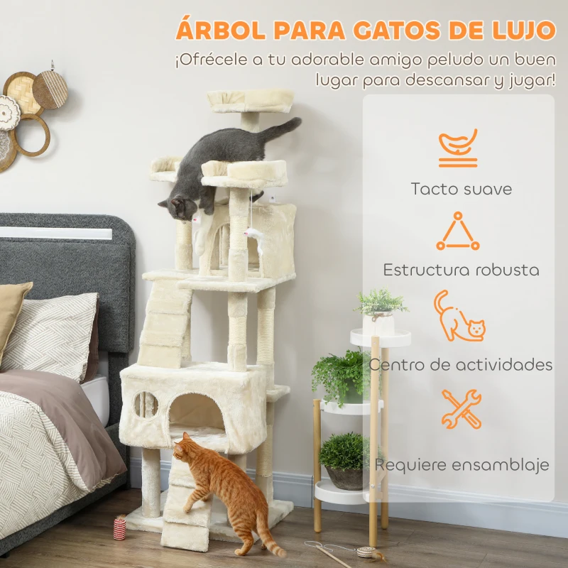 PawHut Árbol Rascador para Gatos Árbol para Gatos 153 cm con 2 Cuevas 3 Camas 2 Rampas Postes de Sisal Ratones Colgantes Crema