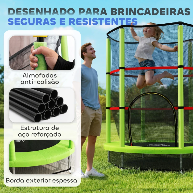 HOMCOM Trampolim Infantil Ø140x190 cm Trampolim para Crianças de 3-6 Anos com Rede de Segurança Carga 45 kg para Interior Verde