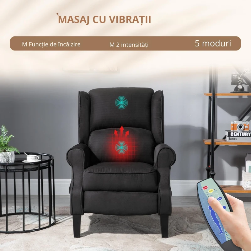Fotoliu cu Masaj Relaxare cu inclinare, Functie de incalzire si Telecomanda, 78x83x101 cm, Negru