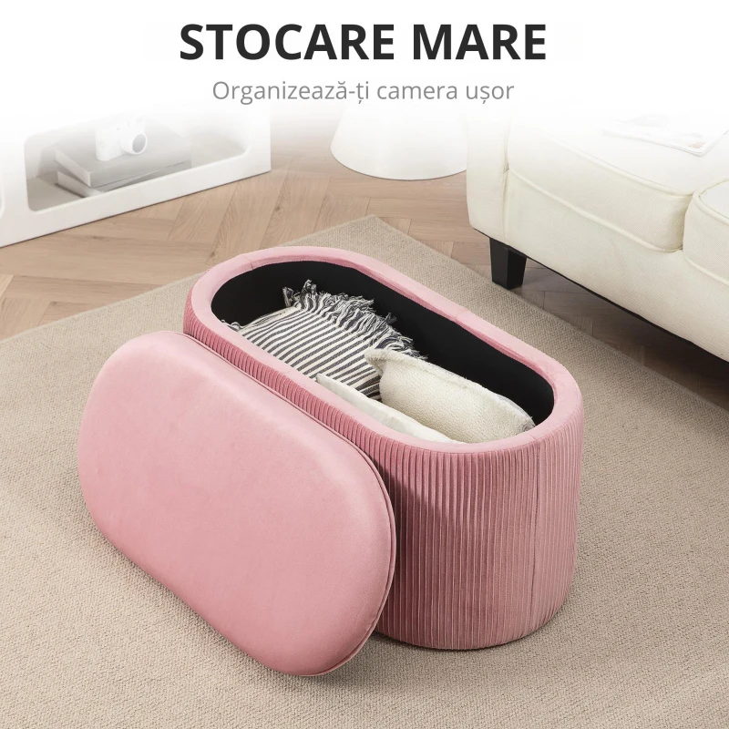 Homcom Puf Roz din Catifea, Cu Capac & Spatiu Depozitare