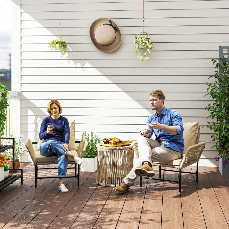 Outsunny Set mobilier de grădină din Polyrattan, mobilier outdoor pentru balcon pentru 2 persoane, 3 piese cu 2 scaune, măsuță laterală, perne