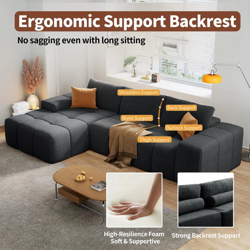 Soft L-Shaped Cloud Sofa with Premium Chenille and High-Resilience Foam, Shape-Retaining Seat with Armrests, 290L x 177W x 62H cm, Black