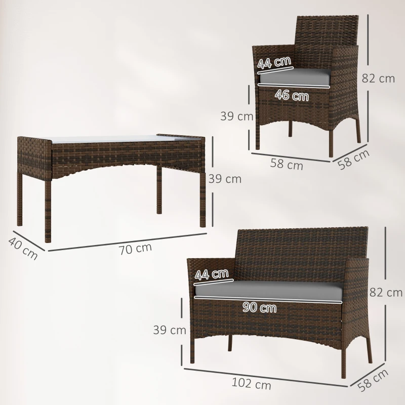 Outsunny Set Gartenmöbel aus synthetischem Rattan mit Sofa, Sesseln, Couchtisch mit gehärteter Glasplatte und Kissen, Braun und Grau