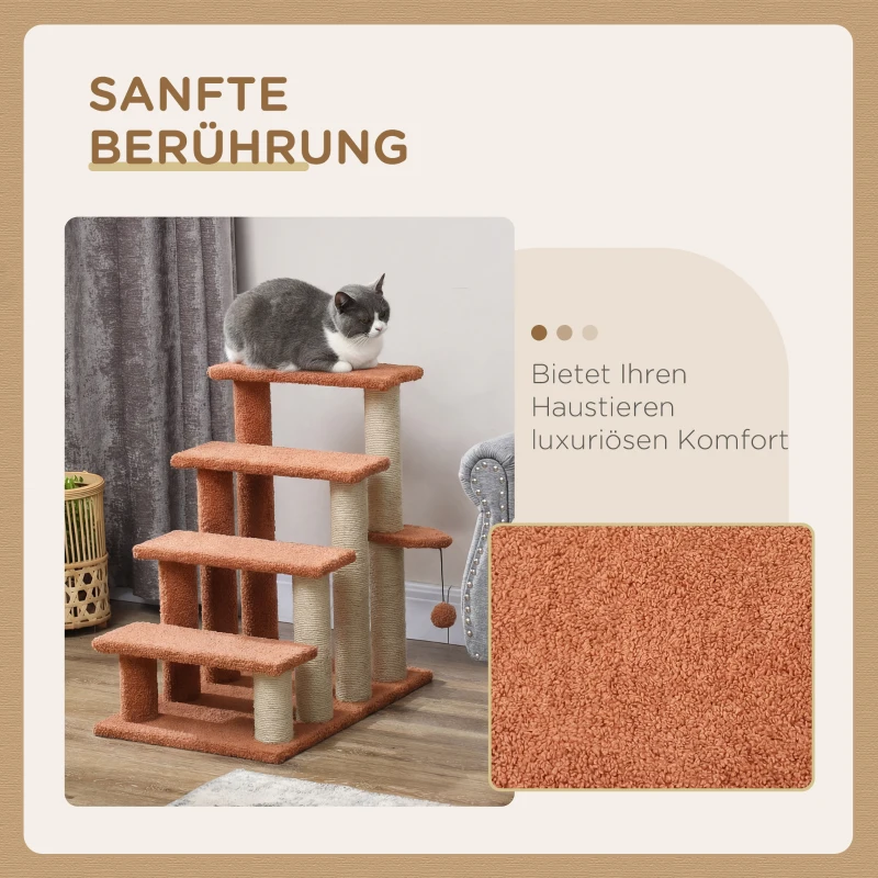PawHut Haustiertreppe, Kratzbaum, 4-stufig, für Tiere bis 5 kg, 60x40x64cm, Braun