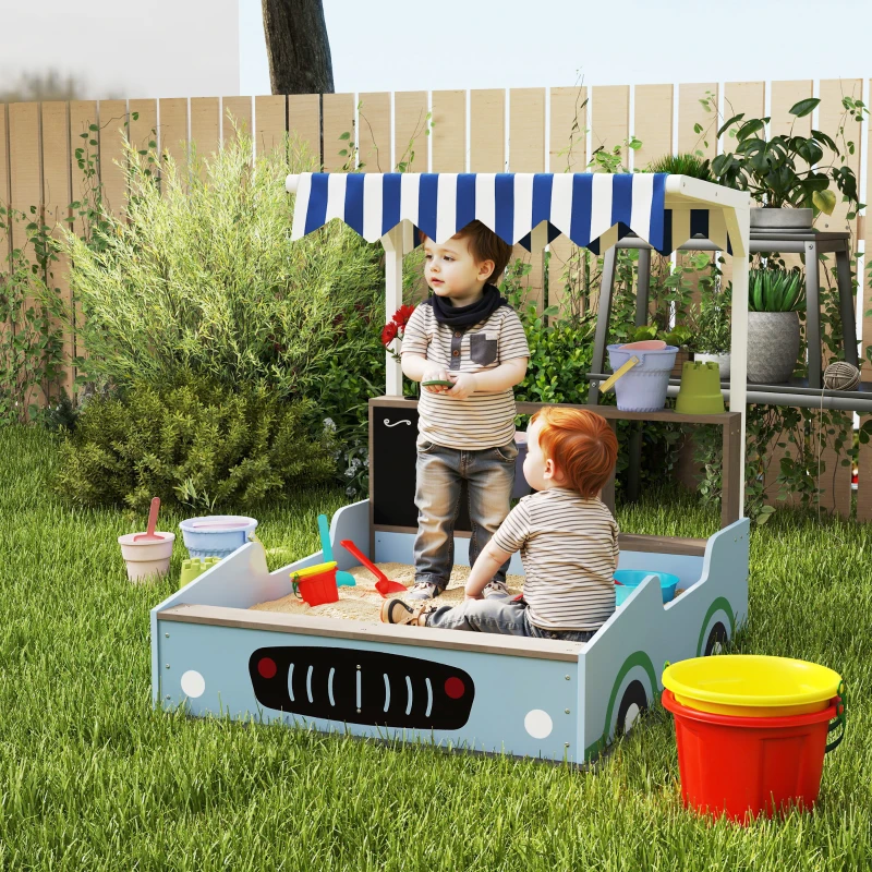 AIYAPLAY Ladă de nisip cu copertină, design magazin alimentar, bancă, tablă de scris, lemn de brad, 104H x 108L x 90B cm, Albastru