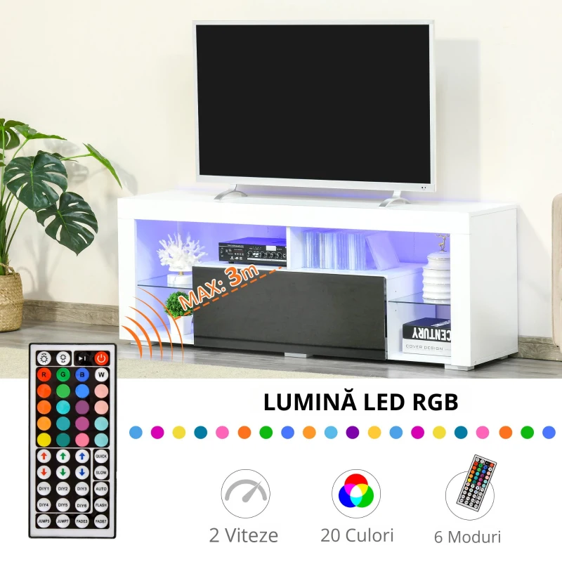 HOMCOM Suport tv cu lumini led multicolore și telecomandă pentru televizoare până la 55", Alb