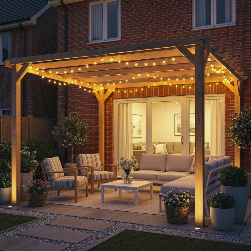 Outsunny Pérgola de madera cenador exterior estructura robusta con postes 90 mm y 7 vigas 3 x 3 m efecto madera de arce