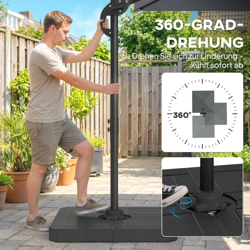 Outsunny Alu Ampelschirm  Ø244cm Sonnenschirm mit Kurbel Ständer Wasserabweisend 360° drehbar Dunkelgrau