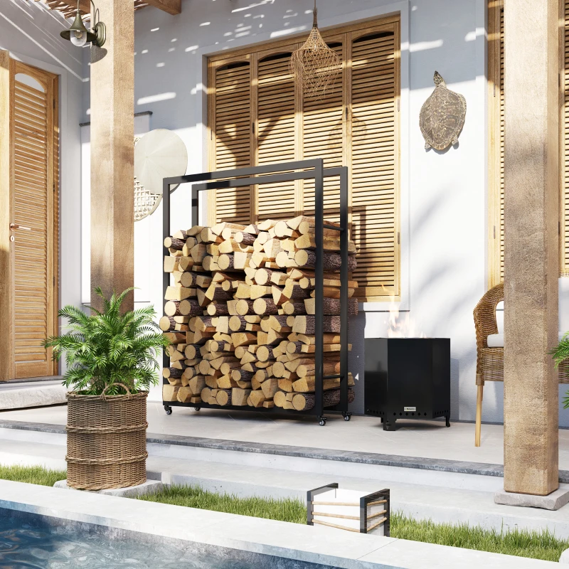 Outsunny Range-bûches porte-bûches avec 4 roues pour intérieur extérieur charge max. 150 kg 120l x 32P x 151H cm métal noir