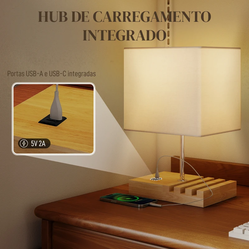 HOMCOM Candeeiro de Mesa com Portas USB-A/C Três Ranhuras para Telemóveis Base de Madeira e Ecrã de Tecido E27 40W 25x20x40,5 cm Branco
