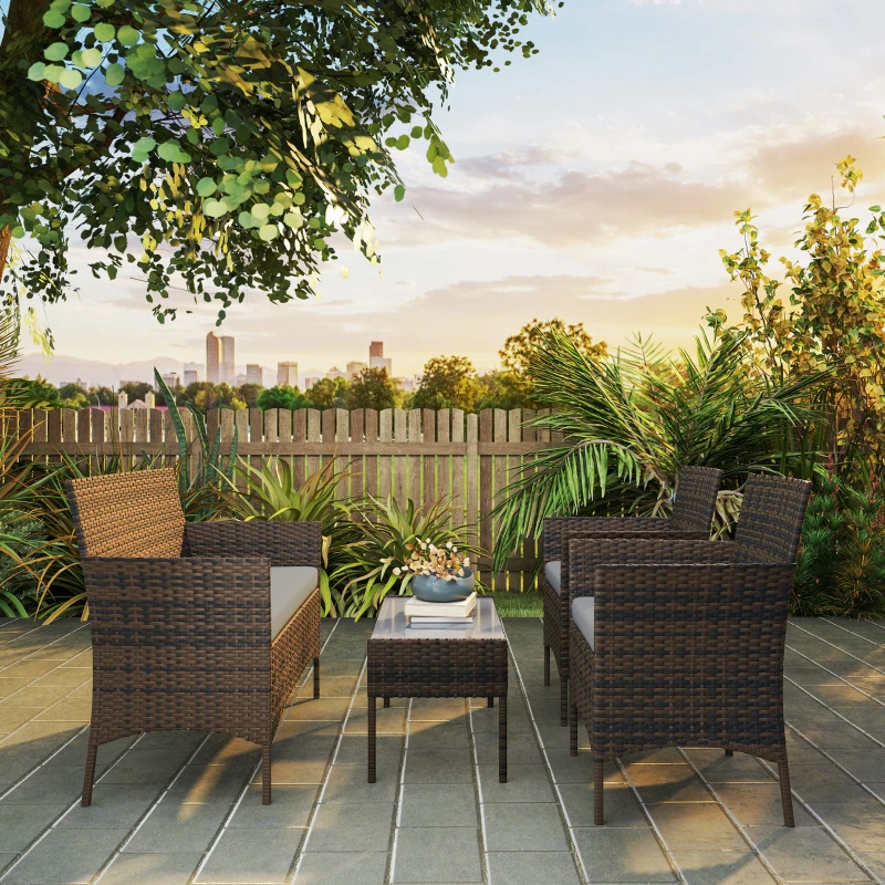 Outsunny Set Gartenmöbel aus synthetischem Rattan mit Sofa, Sesseln, Couchtisch mit gehärteter Glasplatte und Kissen, Braun und Grau