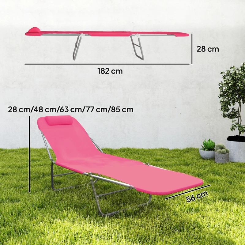 Outsunny Folding Sun Lounger with Head Pillow - Pink