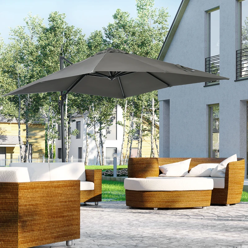 Outsunny 2.5 x 2.5 m Patio Offset Parasol, Cantilever Hanging Umbrella with Aluminium Pole, Sun Shade Canopy Shelter with 360° Rotation, Crank Handle and Cross Base, Grey