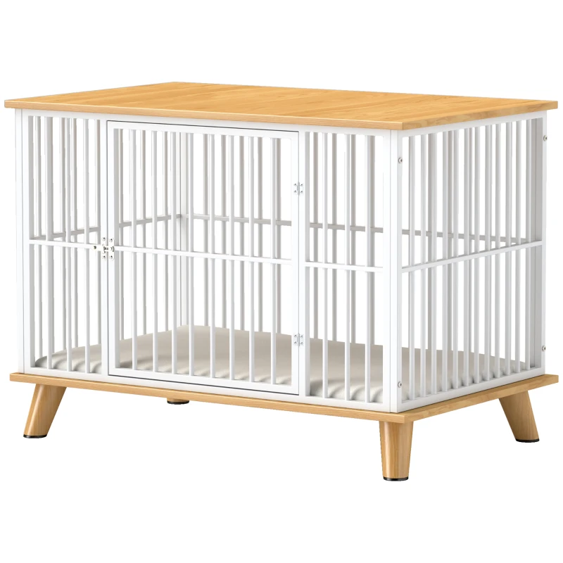 PawHut Cușcă pentru câini cu ușă cu închidere, pernă detașabilă, bună ventilație, oțel, 86x60x70 cm, Alb+Gri