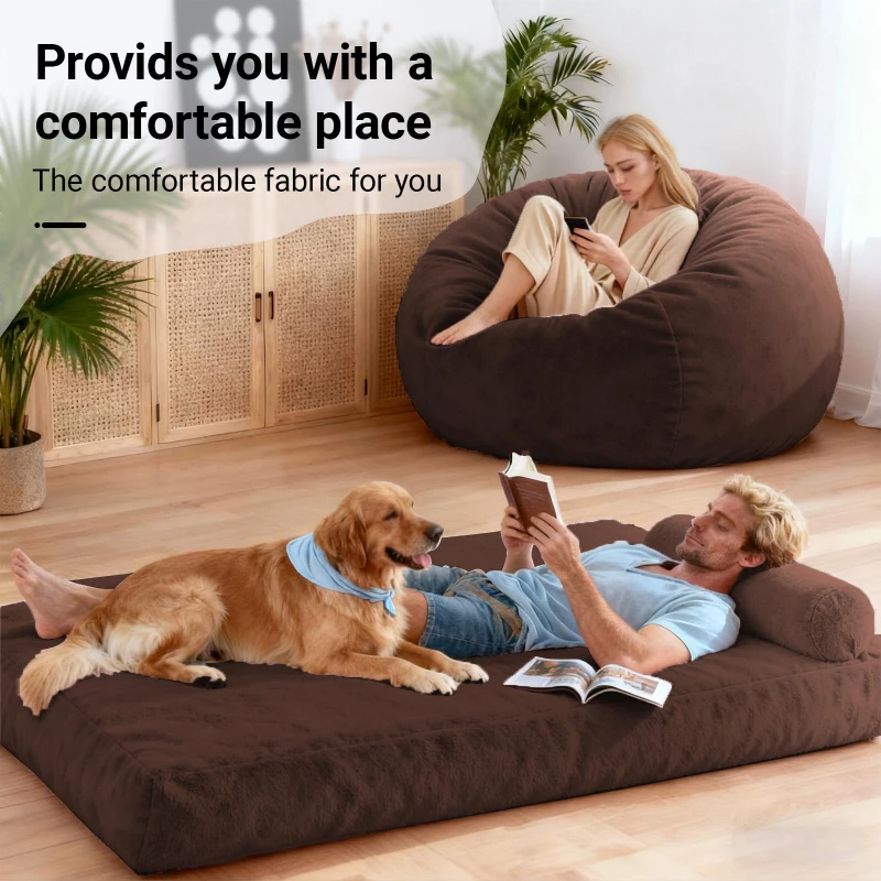 2-In-1 Convertible Bean Bag Chair Bed with Removable Machine-Washable Cover, Giant sofa with Soft Liner, 110L x 110W x 70H cm, Brown