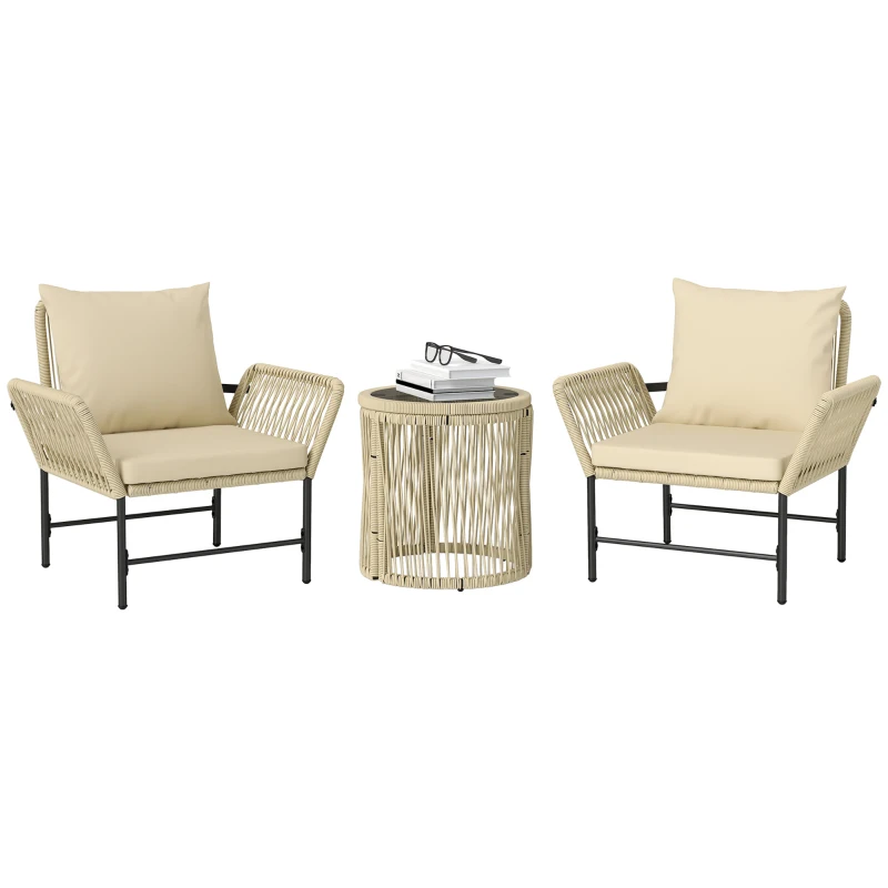Outsunny Set mobilier de grădină din Polyrattan, mobilier outdoor pentru balcon pentru 2 persoane, 3 piese cu 2 scaune, măsuță laterală, perne
