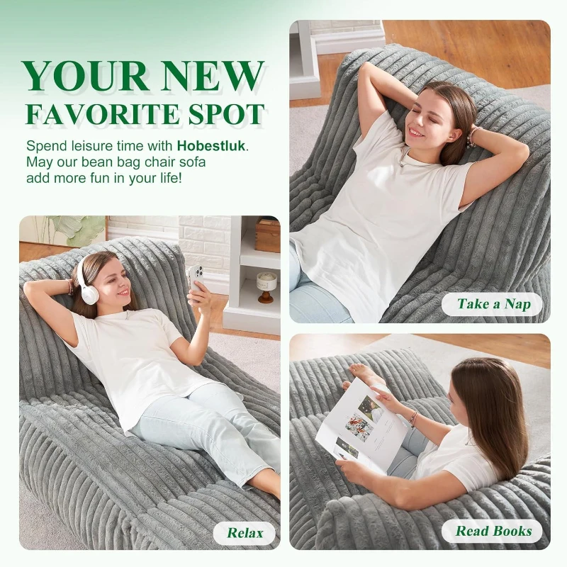 Modular Bean Bag Sofa with Ottoman and Removable Machine-Washable Cover, Couch with High-Density Foam, 160L x 80W x 66H cm, Light Gray